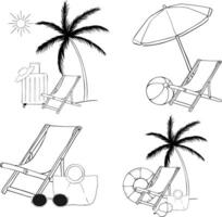 Beach umbrella, chair, ball composition set. graphic line ink illustration. objects and toys illustration for package, vacation design, fabric and textile. vector