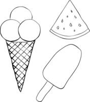 Ice cream and watermelon slice Illustration set. graphic line ink icon isolated. Elements for your summer desert menu. Coloring Sheet for Stress Relief and Relaxation vector