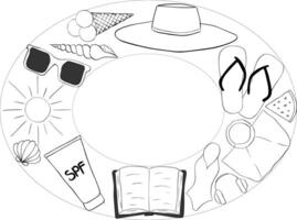 Beach essentials Oval frame template for text. graphic line ink illustration. Summer sale promotion round board surrounded by beach objects. for package, cosmetic, textile, cards. vector