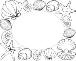 Seashells, starfish Oval rectangle frame template for text. graphic line ink illustration. Marine creatures and shells form a square frame. for package, cosmetic, textile, cards. vector