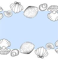 Seashell frame seamless horizontal border template for text. graphic line ink illustration. round frame free hand drawing, sketch style For logo, web, package, sticker. vector