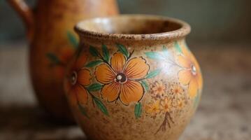 Hand-painted pottery vase with warm floral pattern details photo