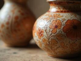 Hand-painted ceramic vase with warm orange floral pattern photo