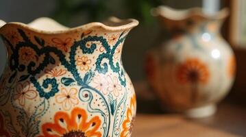Ruffled ceramic vase with hand painted floral and vine pattern photo