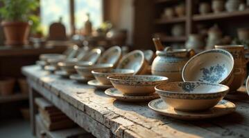 Beige ceramic bowls and saucers with blue floral design photo