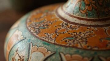 Textured hand-painted pottery with vibrant floral design detail photo