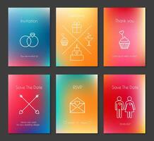 Set of wedding card templates or brochures with blurred background. Invitation, save the date, thank you, RSVP vector