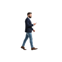 Businessman walking casually while using smartphone, isolated on transparent background png