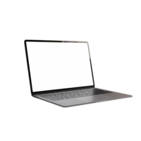 Modern slim open laptop with blank white screen isolated on transparent background, realistic 3D render of a professional portable computer device. png