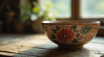 A handcrafted ceramic bowl featuring traditional floral artwork, set on a weathered rustic wooden table. Vintage folk-style pottery and artisanal kitchenware. photo