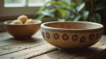 Rustic ceramic bowls with floral pattern on wooden table photo