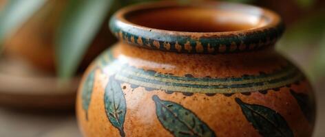 Hand-painted ceramic pot with vibrant green leaf pattern photo
