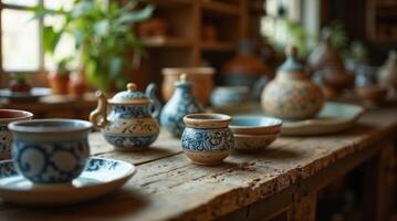 Blue and beige handcrafted ceramic tableware on wood photo