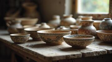 Rustic handcrafted ceramic bowls on a wooden surface photo