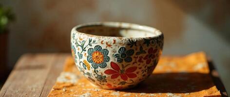 Small hand-painted ceramic bowl with vibrant floral pattern design photo