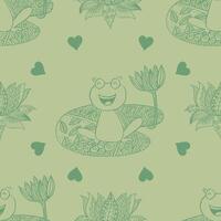 Seamless pattern with frog and lotus. Green background. vector