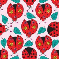 Seamless pattern with ladybugs and leaves. Pink background. vector