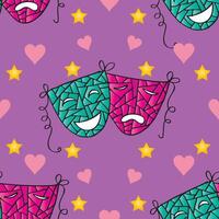 Seamless pattern with funny masks and hearts on a purple background. vector
