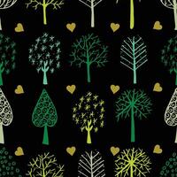 Seamless pattern with hand drawn trees and hearts. vector