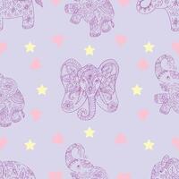 Seamless pattern with elephants and hearts 0npurple background.. vector