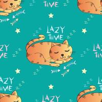 Seamless pattern with drawing sleepy cat with text lazy time. vector