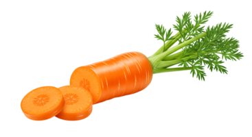 Fresh orange carrot with green leaves, partially sliced into rounds, isolated on transparent background. Healthy root vegetable for cooking or raw use. png