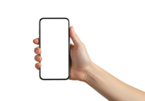 Close-up of a human hand holding a modern smartphone with blank screen on transparent background, ideal for app, UI mockups, and tech advertising. png