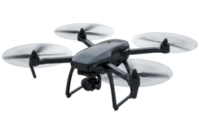 Modern black quadcopter drone with spinning propellers and camera on transparent background, ideal for tech, aerial photography, and innovation themes. png