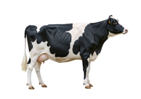 Black and white Holstein dairy cow standing side view on transparent background, farm livestock used for milk production and agriculture. png