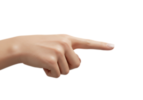 Realistic human hand pointing right with index finger extended, isolated on transparent background png