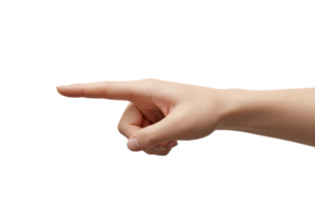 Human hand pointing to the left with index finger extended, isolated on transparent background for gesture, direction, and touch interface design png