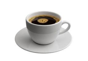 White ceramic cup filled with black coffee on saucer, isolated on transparent background. Fresh morning drink with steam and foam surface detail. png