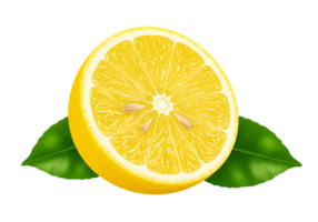 Bright yellow half lemon with visible juicy pulp and seeds, accompanied by two fresh green leaves, isolated on transparent background, citrus freshness. png
