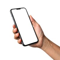 Human hand holding a modern smartphone with blank white screen isolated on transparent background. Mockup template for mobile app or UI display. png