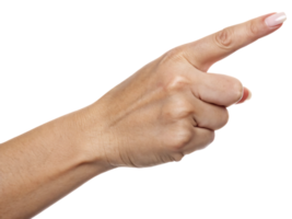 de cerca de un humano mano señalando con el índice dedo aislado en transparente antecedentes. gesto concepto, dirección, y atención atención signo. png