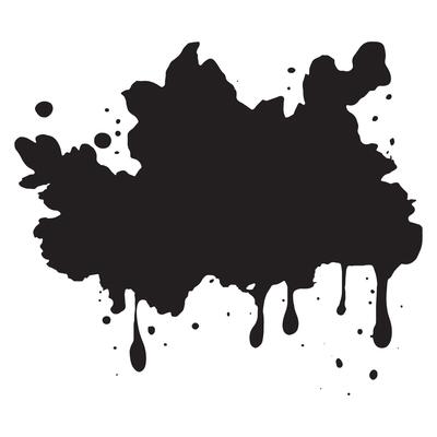 Black ink splatter with drips on white background