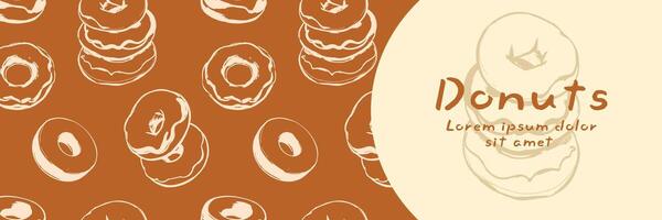 Donuts banners with pattern. Hand drawn sketch doodle donuts in stylized way. The banner is in brown background vector