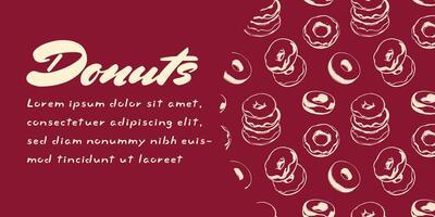 Donuts banners with pattern. Hand drawn sketch doodle donuts in stylized way. The banner is in red background vector