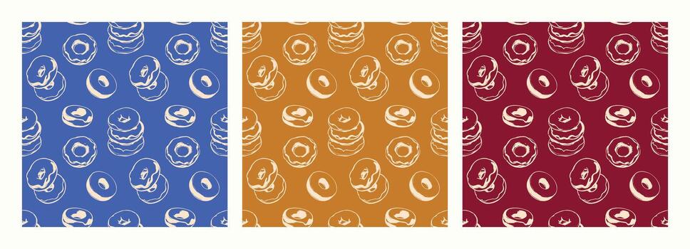 rosquillas sin costura modelo. mano dibujado bosquejo garabatear rosquillas en estilizado forma. el modelo en azul antecedentes. vector