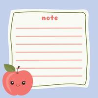 Cute red apple note with kawaii smiling face on blue background vector