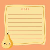 Cute yellow pear note with kawaii smiling face on orange background vector