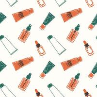 Seamless pattern of skincare products on a light background vector