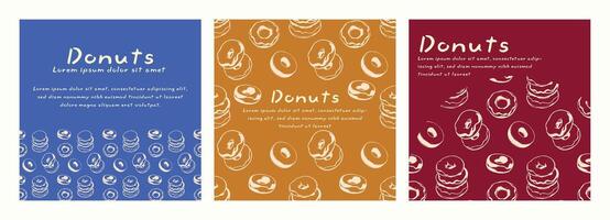 Set of donuts square banner with pattern. Hand drawn sketch doodle donuts in stylized way. The banners are in blue, yellow and red background vector