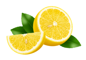 Fresh juicy yellow lemon slices with green leaves isolated on transparent background for food and citrus design png