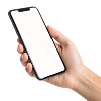 Hand holding a modern smartphone with blank screen on transparent background for mockup design png