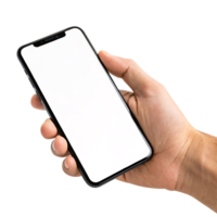 Close-up of a hand holding a modern smartphone with a blank white screen, isolated on transparent background, perfect for UI mockups or app presentation. png