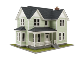 Modern two-story green house with gable roof, front porch, and white trims isolated on transparent background. Great for real estate and architecture visuals. png