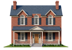 Traditional brick home with twin chimneys, blue gable roof, and inviting front porch, shown on transparent background for housing and design projects. png