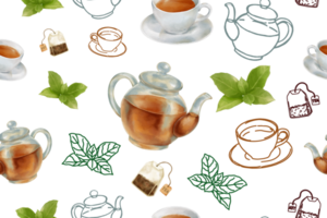 A repeating pattern features a charming tea time theme, with teapots, delicate teacups, some tea leaves and tea bags. The elements are illustrated in a watercolor and simple line art style. png