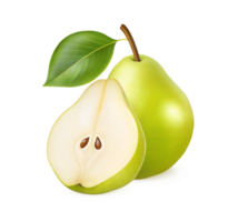 Ripe Pear with Smooth Texture and Green Leaf Partially Cut to Show White Interior in Close Shot png